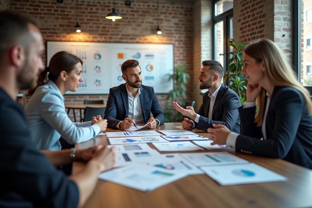 Groupe de professionnels discutant graphiques marketing