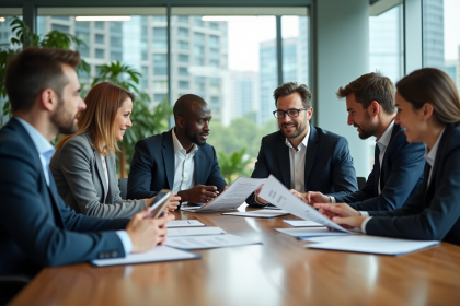 Groupe de professionnels discutant de rapports durabilite