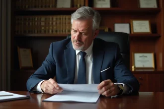 Homme d'affaires en costume examinant un contrat signé