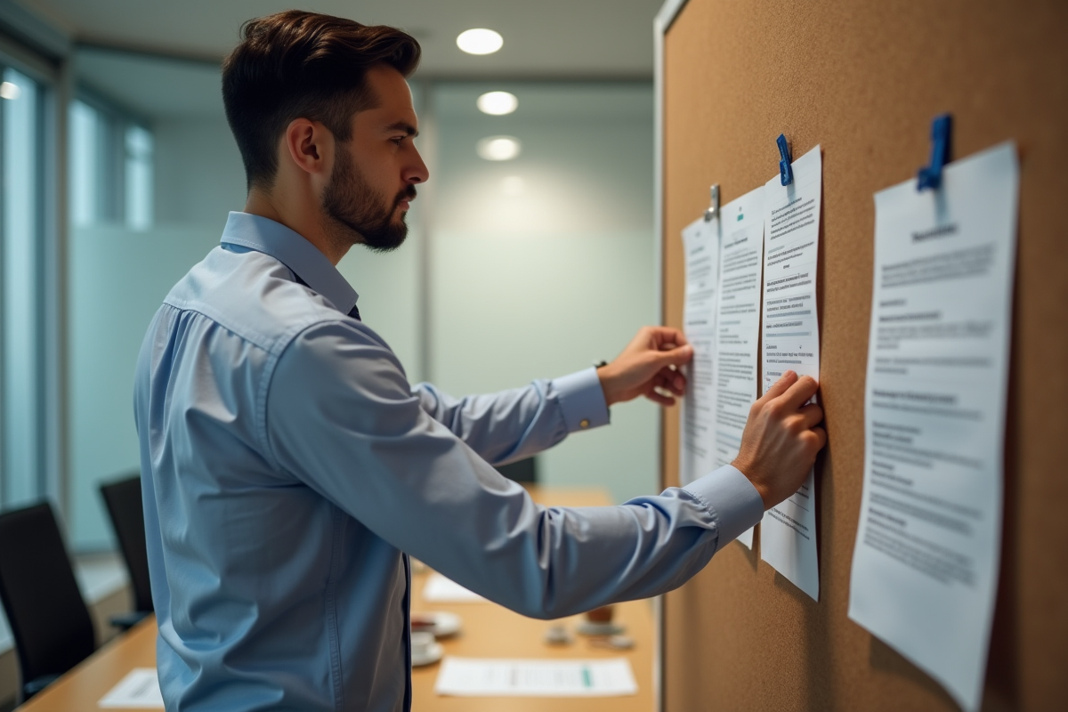 Jeune homme fixant une circulaire sur un tableau d