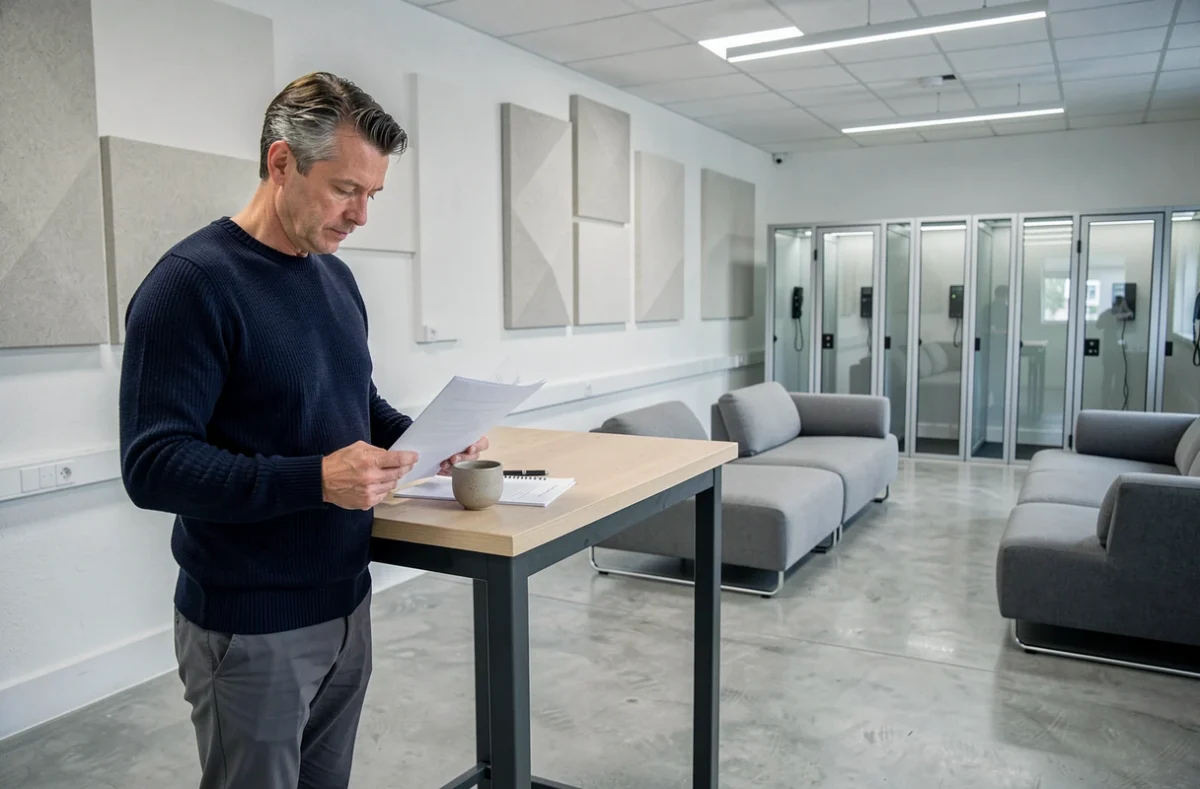 Homme d'affaires debout dans un espace de coworking professionnel près de Versailles, consultant des documents à une table haute
