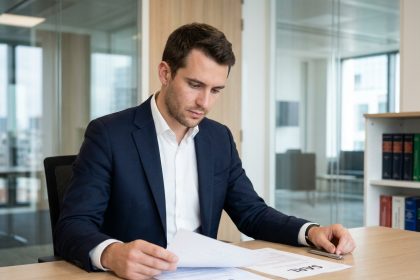 Homme en costume regardant des documents SAS et SARL