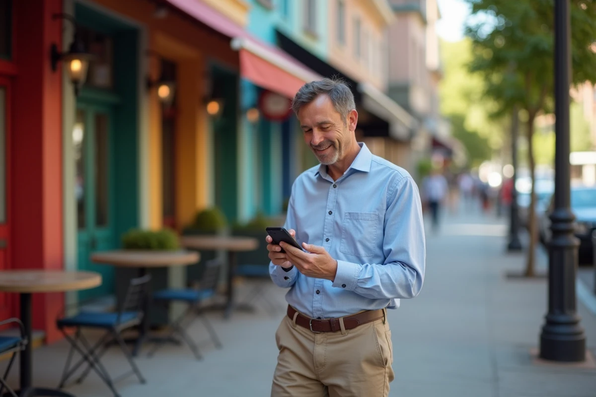 Homme vérifiant ses analyses sur smartphone dans la rue