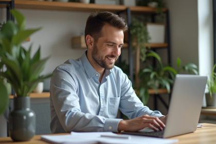 Homme en tenue décontractée travaillant à son bureau à domicile