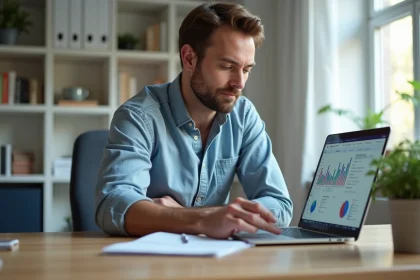 Homme au bureau moderne travaillant sur un ordinateur avec graphiques