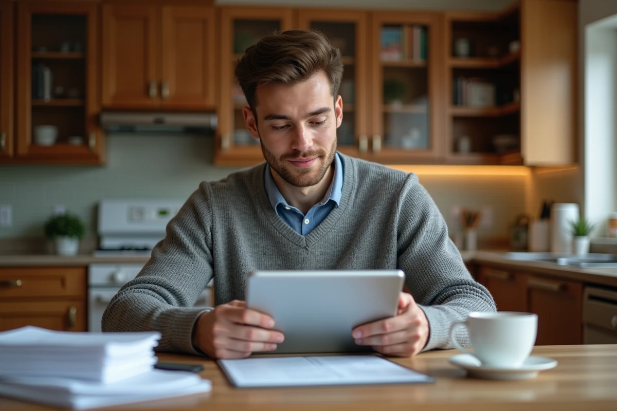 Jeune homme dans une cuisine examinant des formulaires