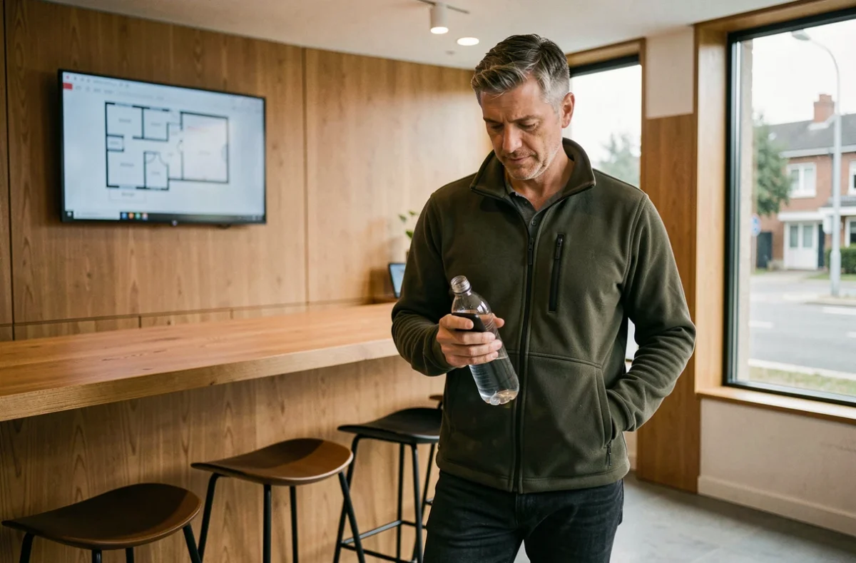 Homme consultant son smartphone dans l'espace commun d'un coworking à Vanves, debout près d'un comptoir en chêne