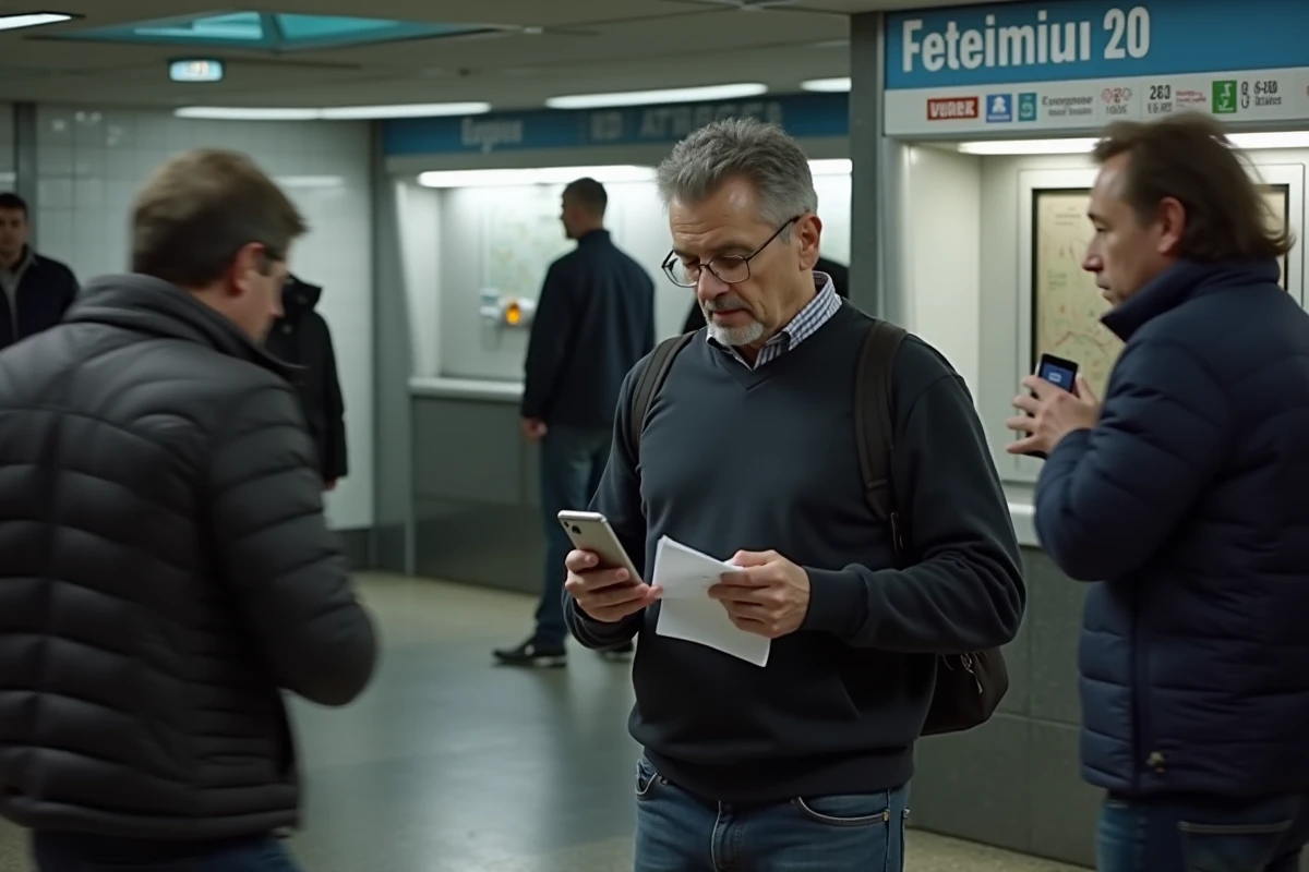 Homme au kiosque de métro consultant son smartphone