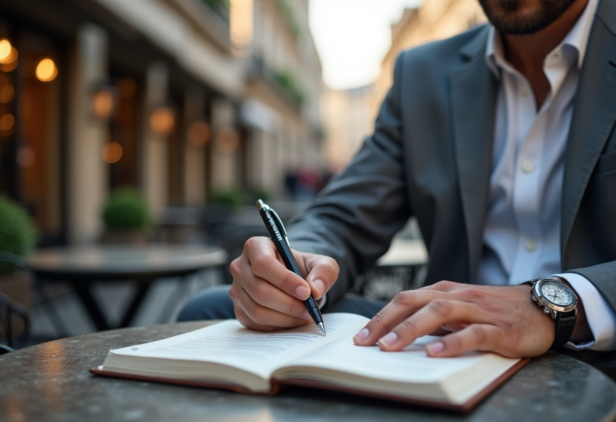 Homme d affaires prenant des notes avec un stylo dans un café urbain