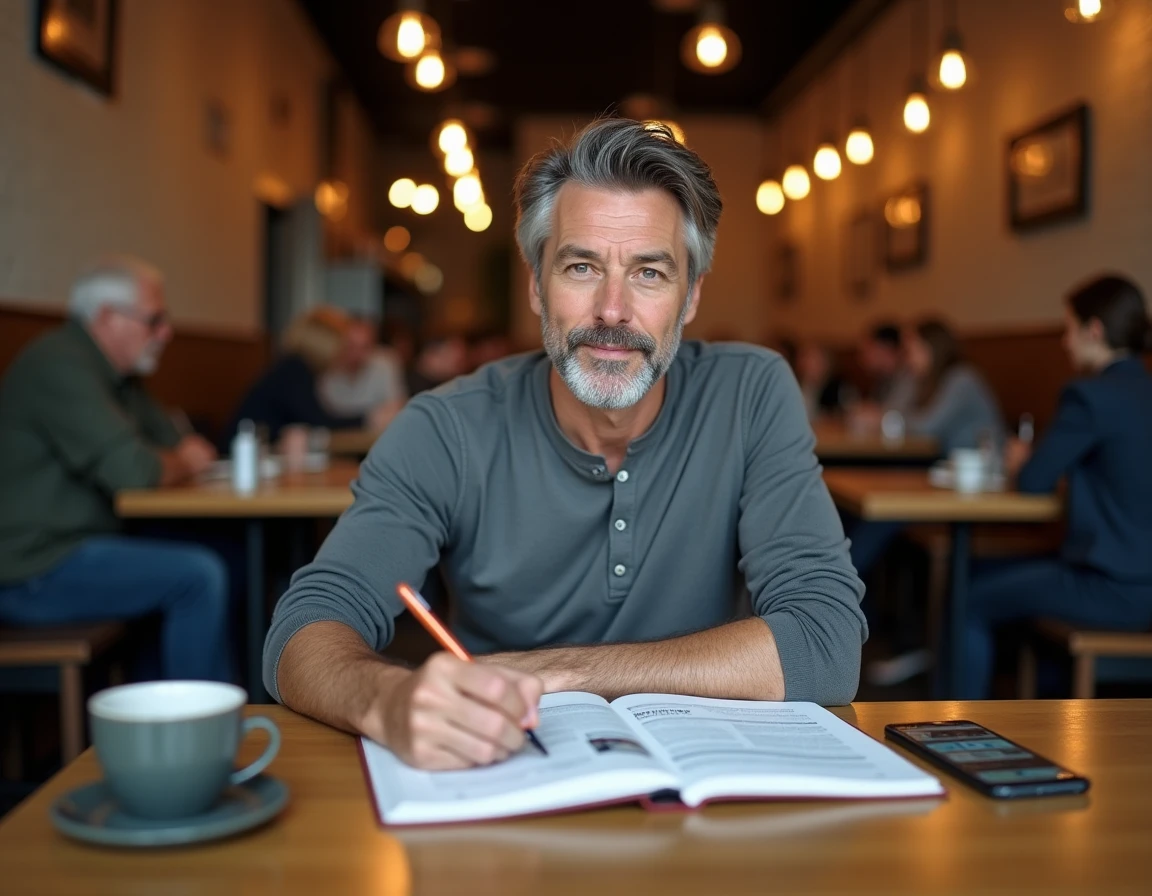Homme prenant des notes sur la signification du MVP sportif et business dans un café urbain