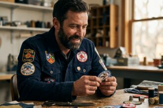 Homme passionné examinant des patchs brodés de clubs sur sa veste en jean, entouré d'outils de couture sur une table en bois