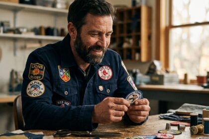 Homme passionné examinant des patchs brodés de clubs sur sa veste en jean, entouré d'outils de couture sur une table en bois