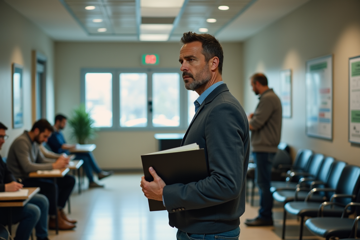 Homme en attente dans un espace Pôle Emploi