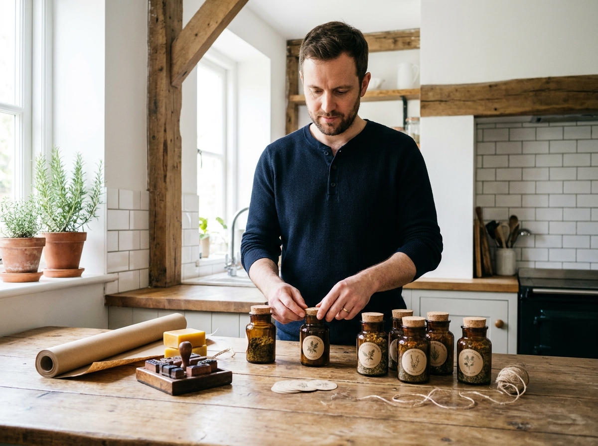 Homme remplissant des petits pots en verre ambré avec des épices maison et étiquettes botaniques artisanales sur table en bois rustique
