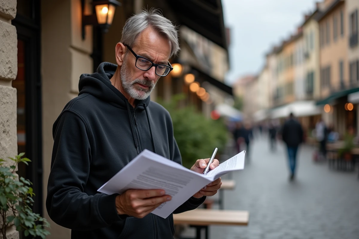 Homme en extérieur lisant des documents de recherche