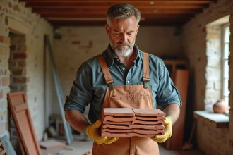 Homme en overalls examine des tuiles en terre cuite dans une pièce rénovée