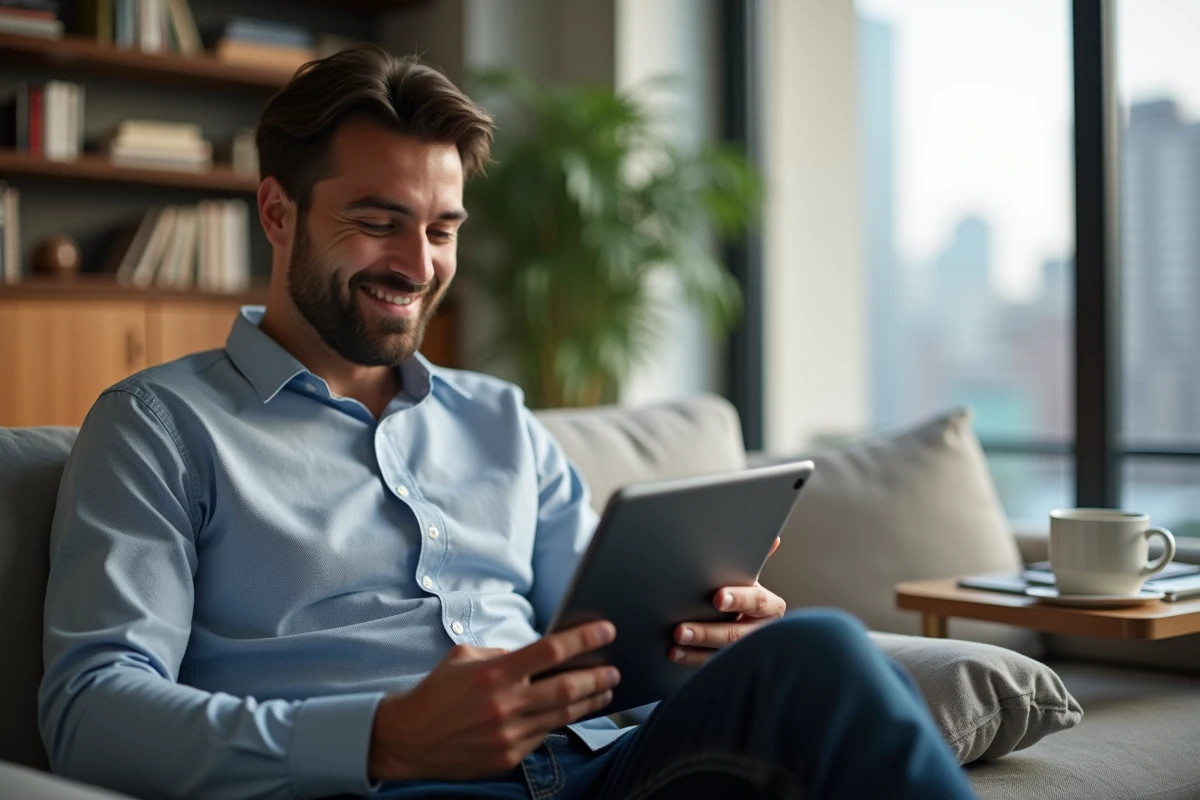 Homme souriant utilisant une tablette dans son salon urbain