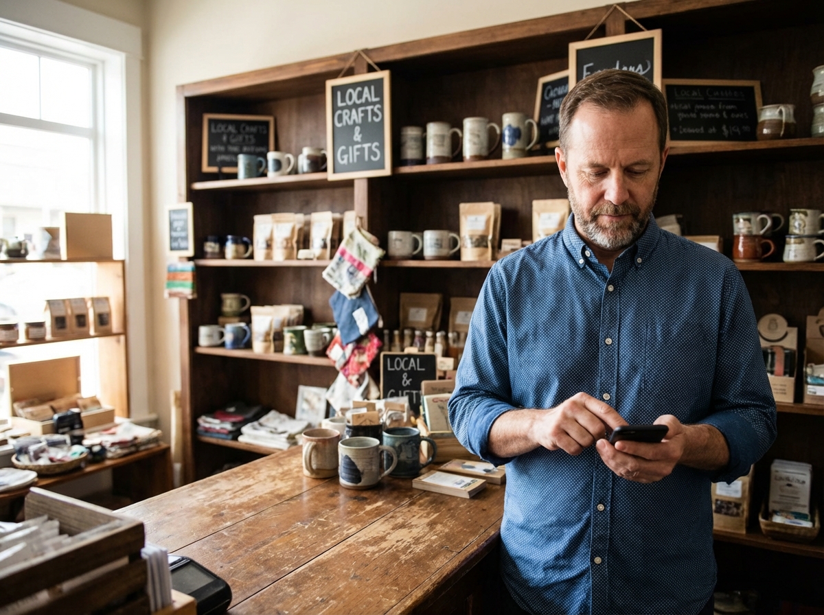 Homme en boutique créant un message promotionnel sur son téléphone
