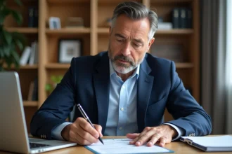 Homme d'affaires signant une facture dans un bureau moderne