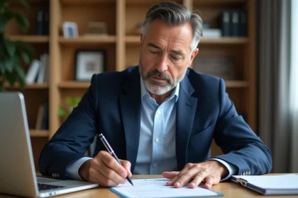 Homme d'affaires signant une facture dans un bureau moderne