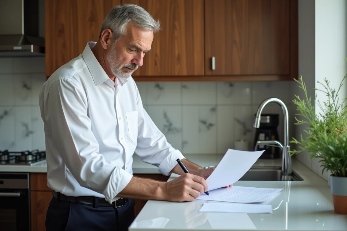 Homme signant une lettre dans sa cuisine contemporaine