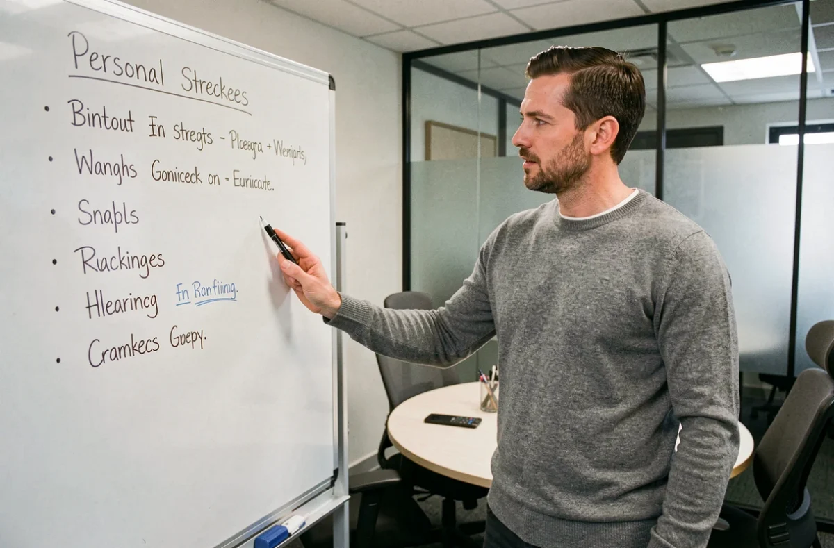 Homme en réunion professionnelle analysant une liste de qualités et défauts selon les métiers inscrite sur un tableau blanc