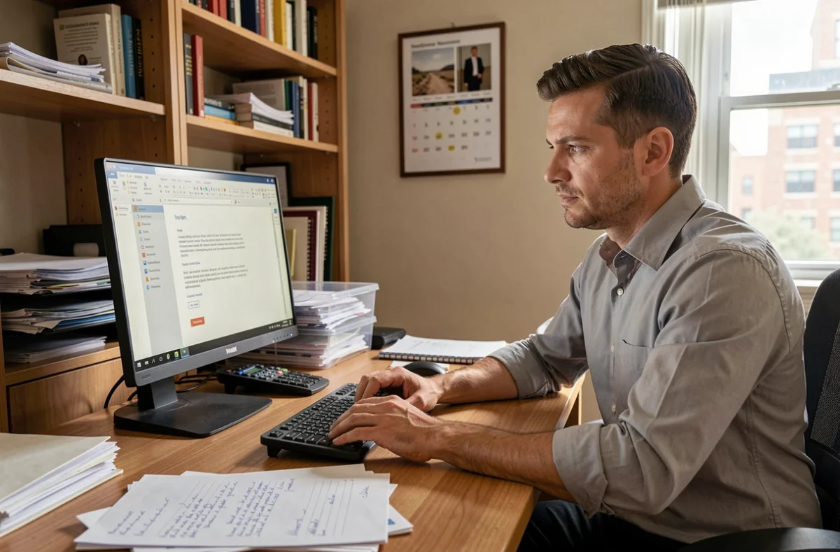 Homme en télétravail relisant un email professionnel pour reporter un rendez-vous depuis son bureau à domicile