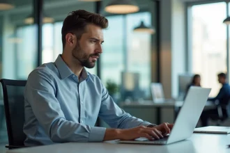 Homme en bureau utilisant une application de suivi du temps
