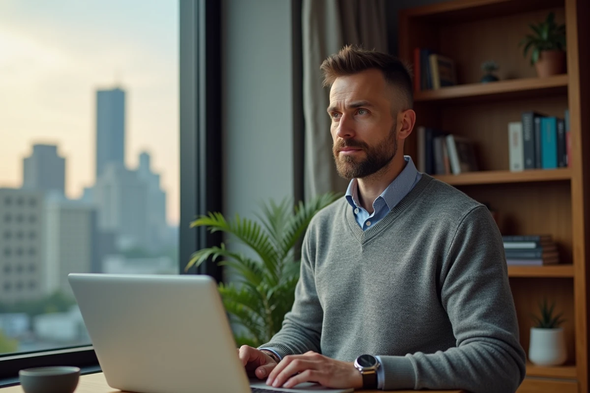 Homme en sweater travaillant à son bureau à domicile