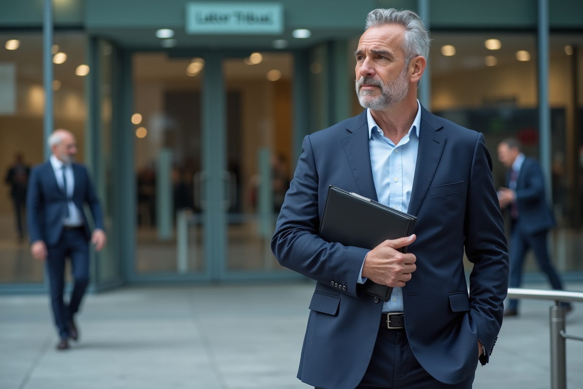 Homme debout devant tribunal du travail, look déterminé