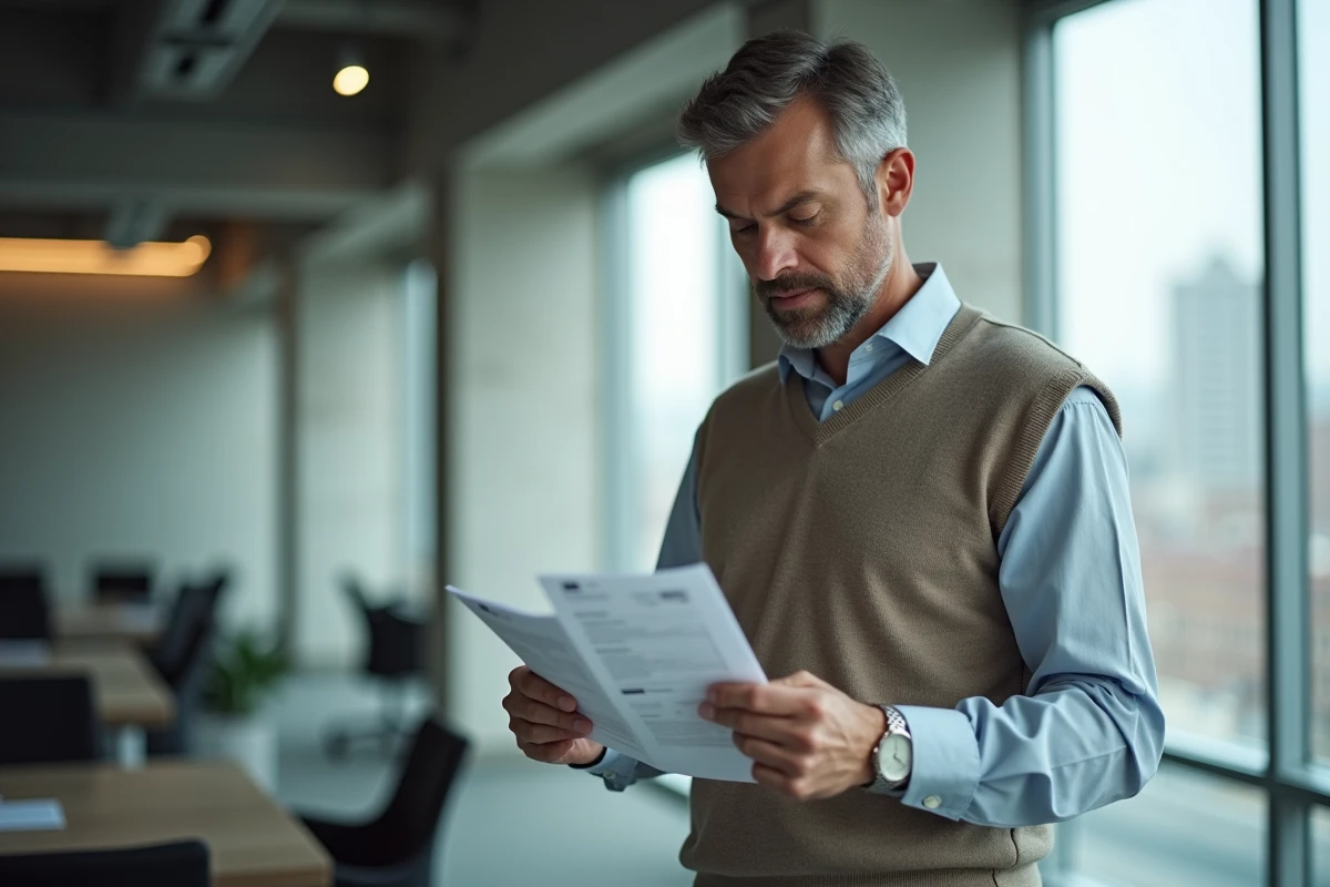 Homme vérifiant des fiches de paie dans une salle de réunion