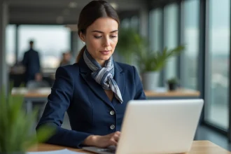Hôtesse de l'air Air France consultant son bulletin de paie en ligne sur un ordinateur portable au bureau