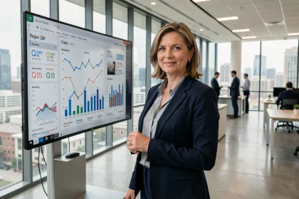 Femme d'affaires présentant des indicateurs économiques territoriaux sur un écran interactif dans un bureau de développement économique moderne