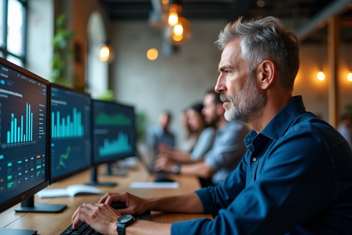 Infopreneur analysant des tableaux de bord marketing IA sur deux écrans dans un espace de co-working moderne