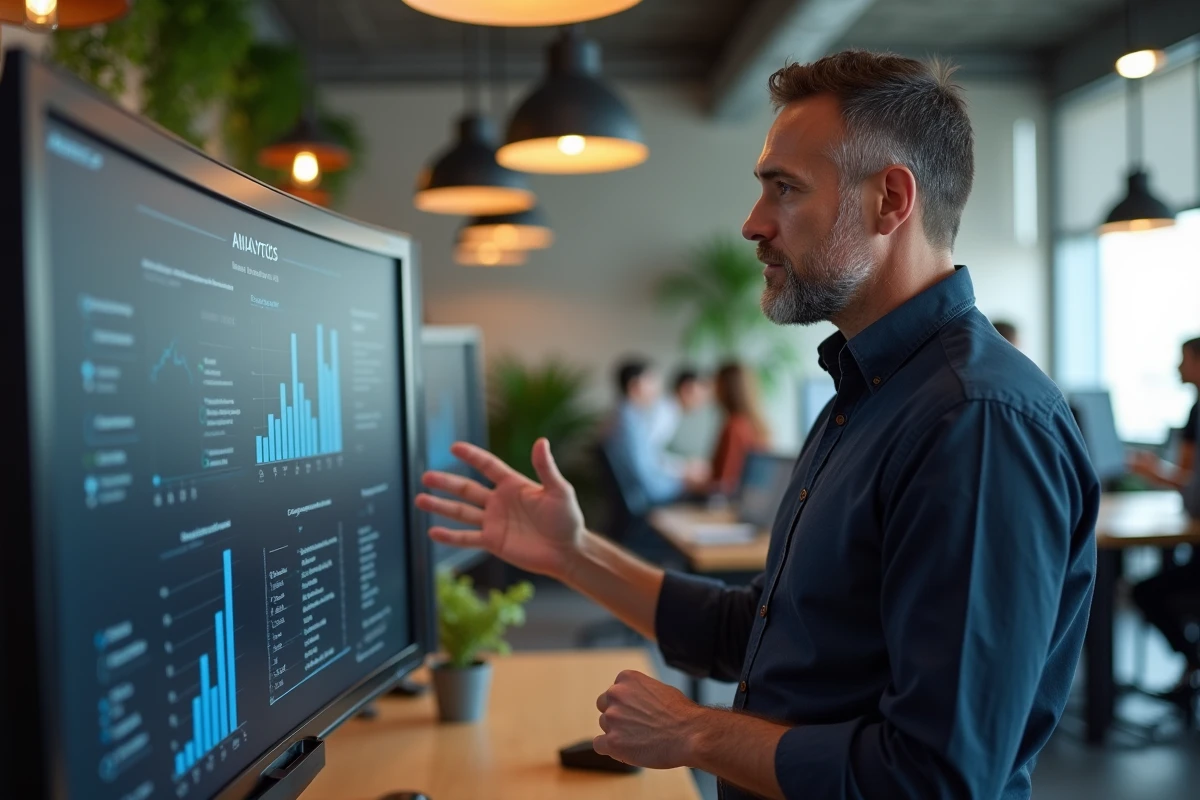 Infopreneur masculin analysant les tarifs d'outils IA sur un grand écran dans un espace de coworking