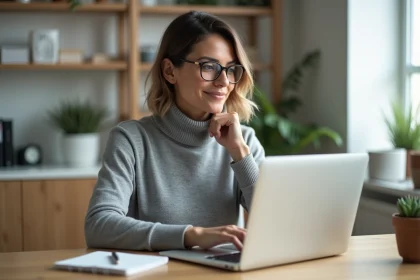 Infopreneure utilisant un outil d'IA marketing sur son MacBook dans un bureau minimaliste à domicile
