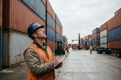 Ingénieur industriel inspectant des conteneurs d'expédition empilés dans un entrepôt logistique