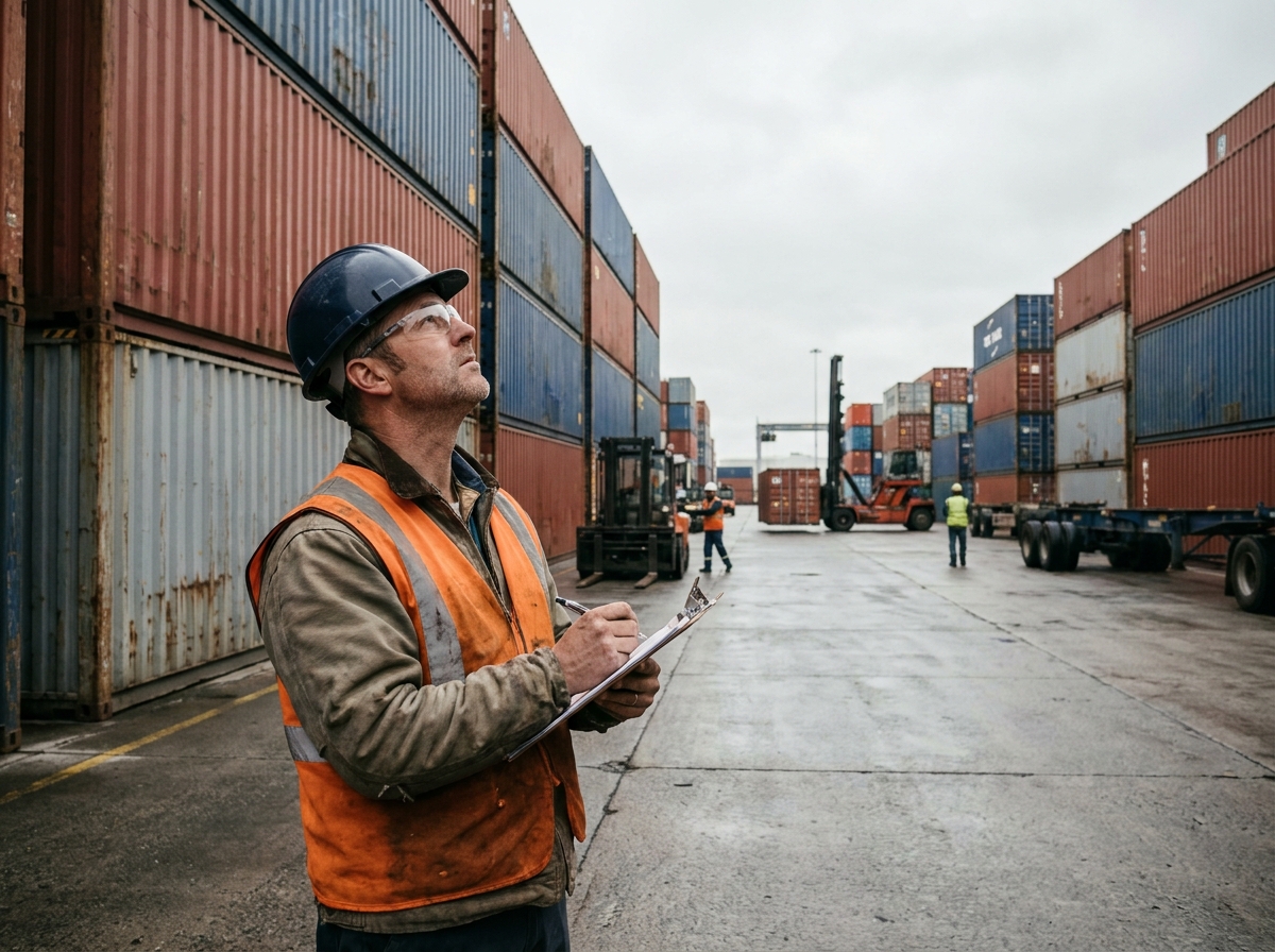 Ingénieur industriel inspectant des conteneurs d'expédition empilés dans un entrepôt logistique