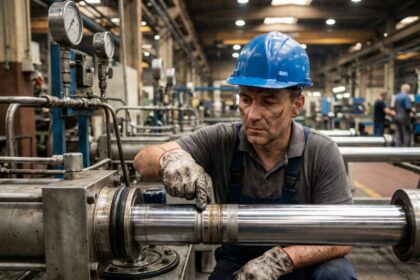 Ingénieur industriel inspectant un actionneur hydraulique présentant des signes d'usure liés au phénomène de stick-slip en milieu industriel