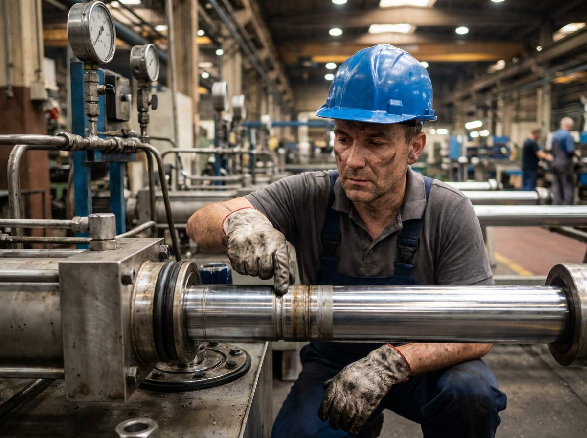 Ingénieur industriel inspectant un actionneur hydraulique présentant des signes d'usure liés au phénomène de stick-slip en milieu industriel