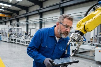 Ingénieur en overalls inspectant un bras robotique moderne