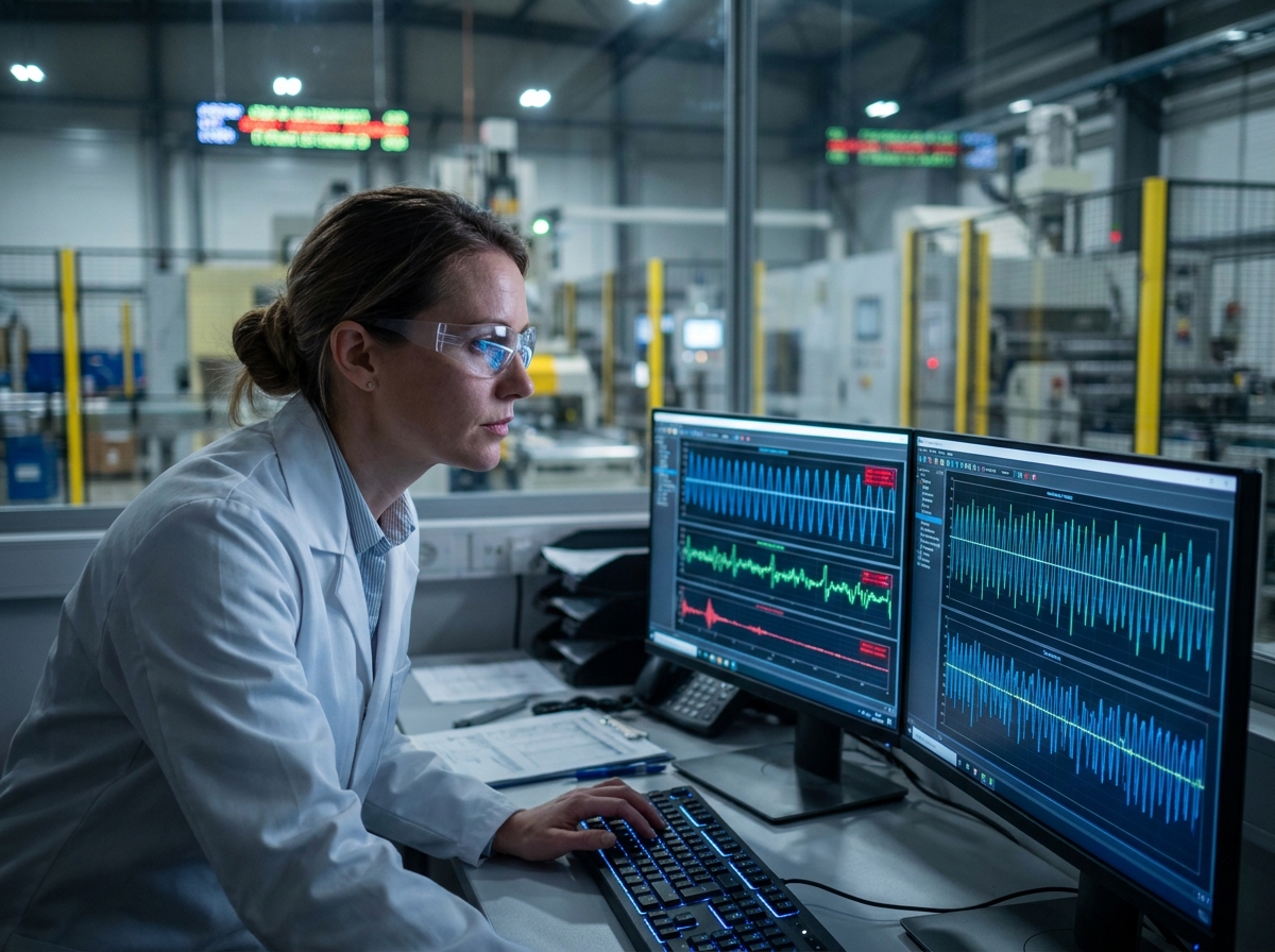 Ingénieure analysant des données de vibrations liées au stick-slip sur des écrans d'ordinateur dans une salle de contrôle industrielle