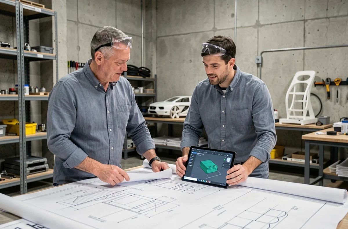 Deux ingénieurs comparant des plans techniques et des modèles CAO dans un atelier industriel pour documenter un dossier de construction