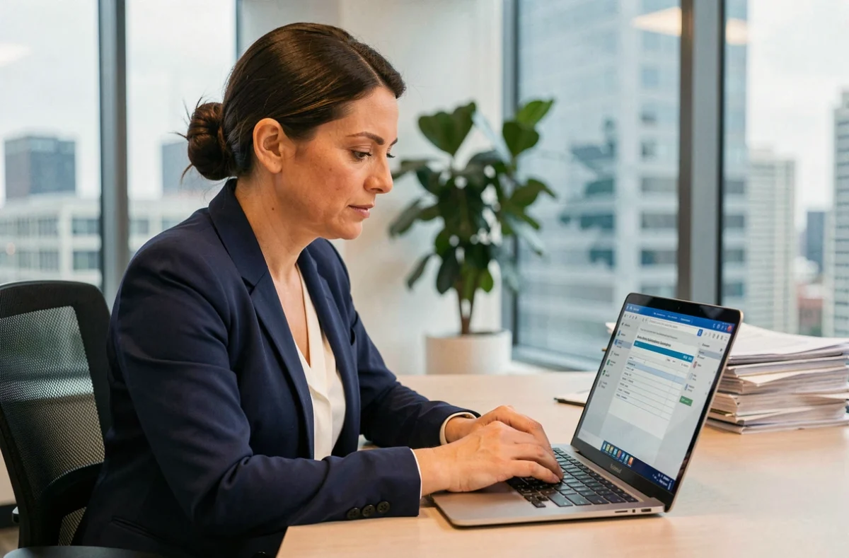 Femme professionnelle vérifiant son inscription sur un salon B2B en ligne depuis son bureau d'entreprise