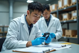 Inspecteur qualité examinant un produit électronique avec documentation CE Mark dans un entrepôt de contrôle