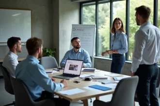 Nouveaux employés Chronopost lors d'une session d'intégration CSE avec une représentante RH en salle de réunion moderne