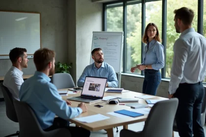 Nouveaux employés Chronopost lors d'une session d'intégration CSE avec une représentante RH en salle de réunion moderne