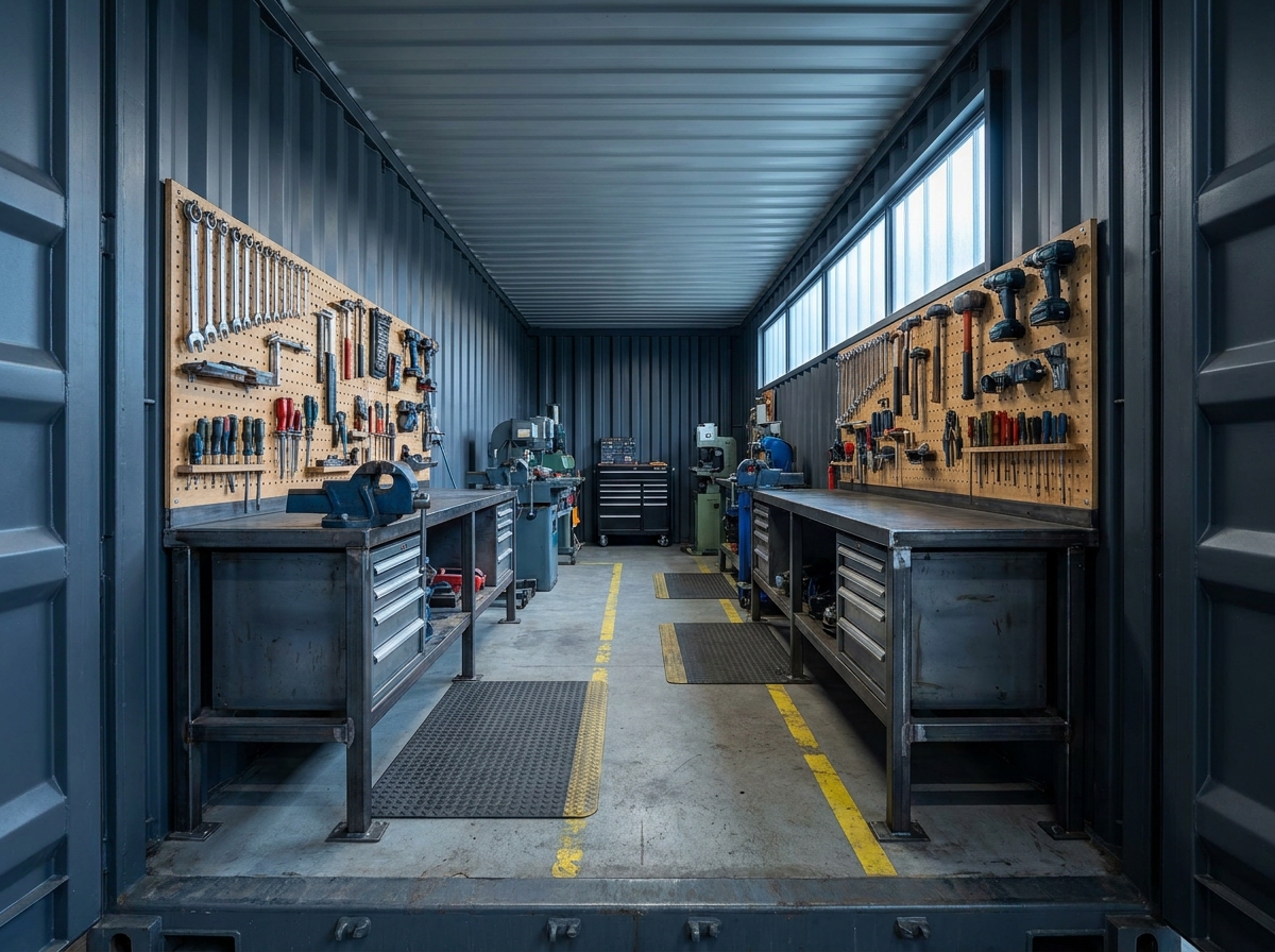 Intérieur aménagé d'un conteneur maritime transformé en atelier modulaire industriel