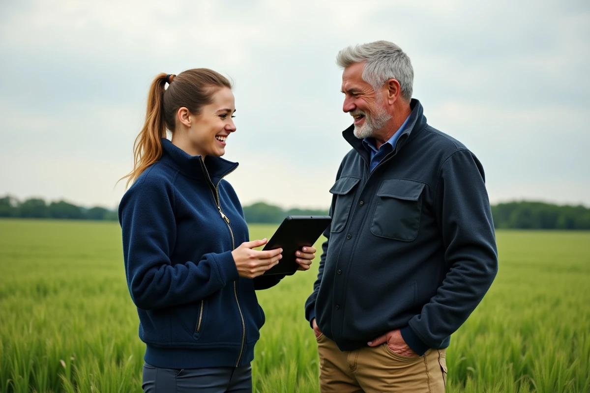 Jeune agronome montre une application dans un champ de blé
