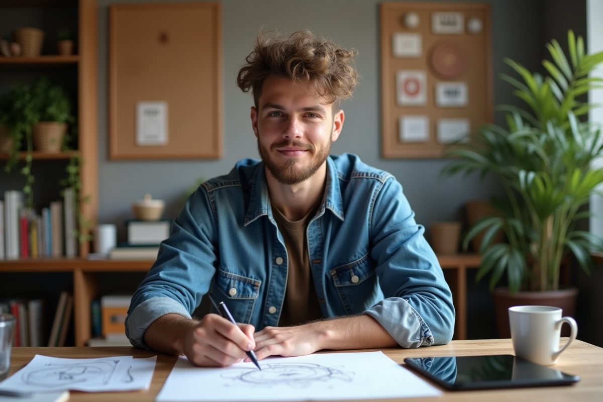 Jeune designer graphique signant une œuvre numérique dans son studio